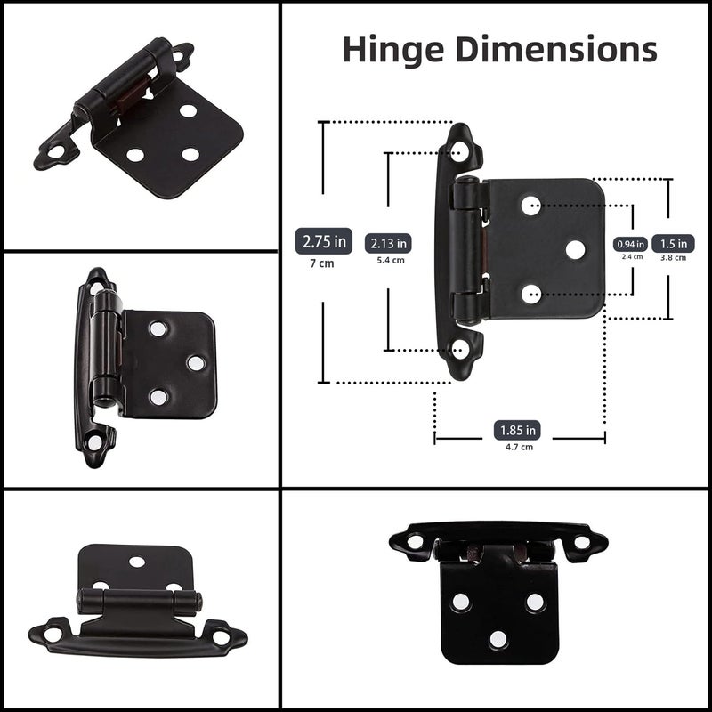 Decobasics 1/2" Overlay Matte Black Cabinet Hinges (30 Pair -60 Pcs) Self Closing Bath & Kitchen Cabinet Hinges Black Flush Mount w/Door Bumpers & Upgraded Screws - Image 3